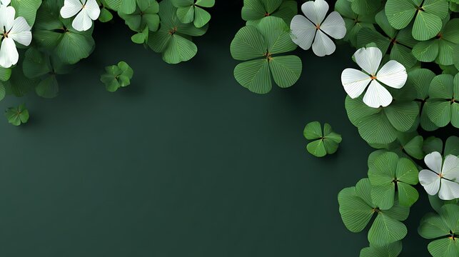A digital arrangement of vibrant green clovers and delicate white four leaf clovers