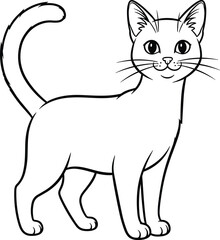 Obraz premium Cartoon cat line drawing with curved tail, expressive eyes, whiskers, upright posture, and playful smile for coloring pages, education, and creative art projects