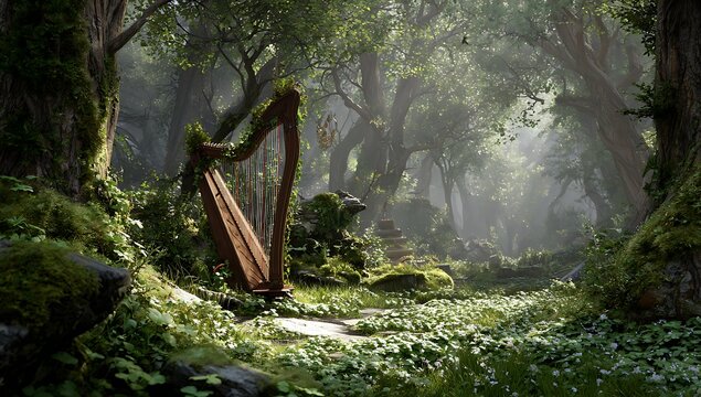 An ancient harp rests amongst lush greenery in a mystical forest scene