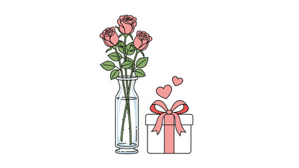 Romantic scene featuring a bouquet of pink roses in a vase next to a white gift box decorated with a bow and floating hearts.