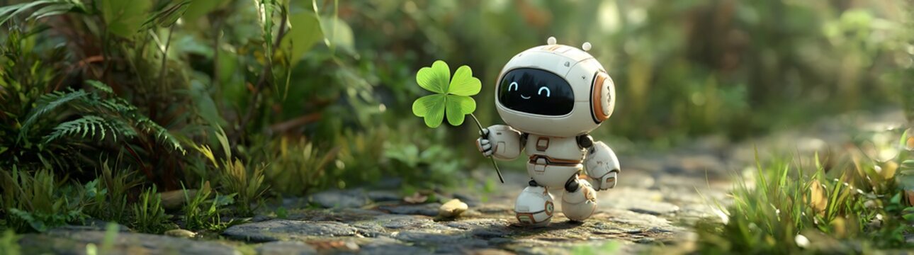 A small robot curiously holds a vibrant green leaf in a lush forest