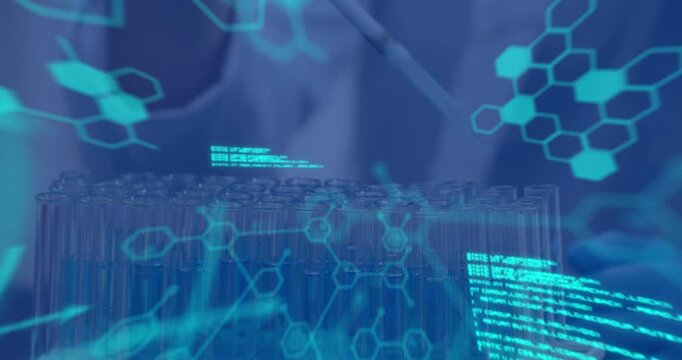 Animation of data processing and chemical formula over scientist