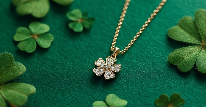 Golden flower pendant necklace displayed with vibrant green four leaf clovers
