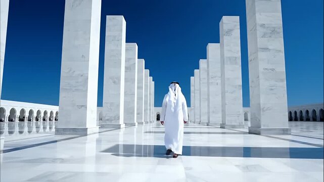 Man in a white thobe walking through modern architecture pillars.