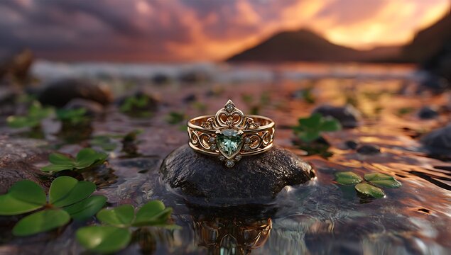A detailed golden ring rests on a rock by the ocean at sunset