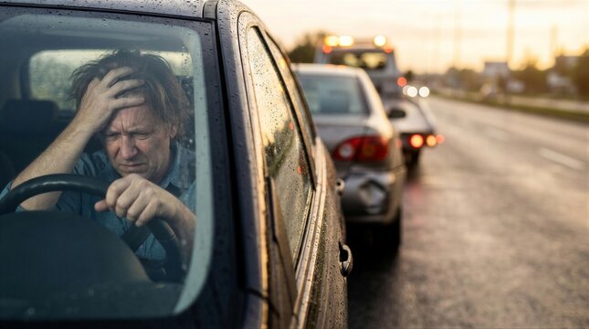 Upset caucasian man driver in car feeling frustrated after a car accident on a busy road. Automotive insurance claim concept for driving risk