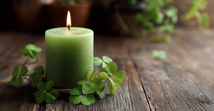A lit green candle surrounded by fresh clovers on a wooden surface