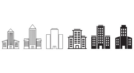 Obraz premium Collection of simple black and white urban building illustrations on a Transparent Background, showcasing various architectural styles.