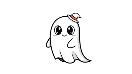 Obraz premium Adorable cartoon ghost with large dark eyes and a friendly smile wearing a tiny orange witch hat for Halloween celebration.