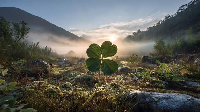 A vibrant four leaf clover flourishes in a misty mountain meadow at sunrise