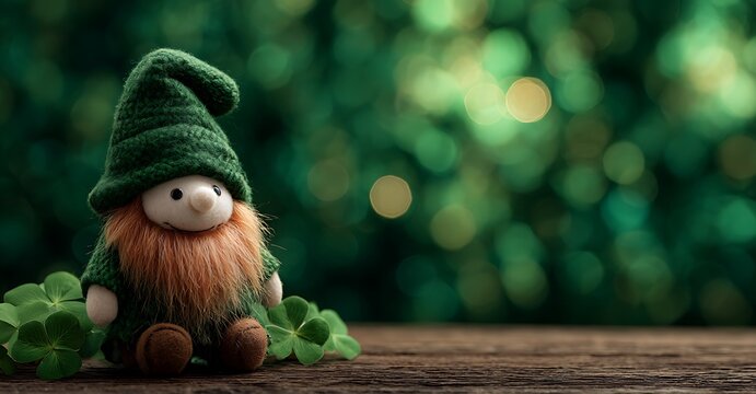 A charming garden gnome with a green hat and red beard sits peacefully