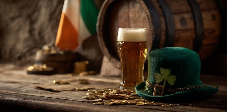 St patrick s day still life with beer hat and gold coins