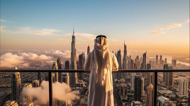 An Arab man on a balcony watches the Dubai skyline at sunrise.