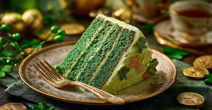 A vibrant green layered cake with gold accents and festive decorations