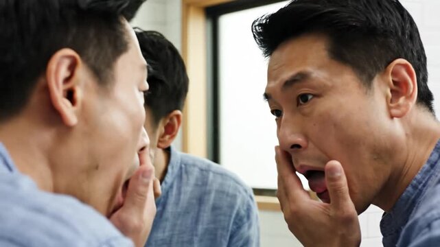 Asian man examines acne on face in mirror, concerned expression, skincare routine, indoors, bathroom background