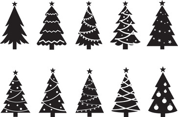 Obraz premium Christmas Tree Silhouette Set with Decorative Holiday Icons Vector Collection