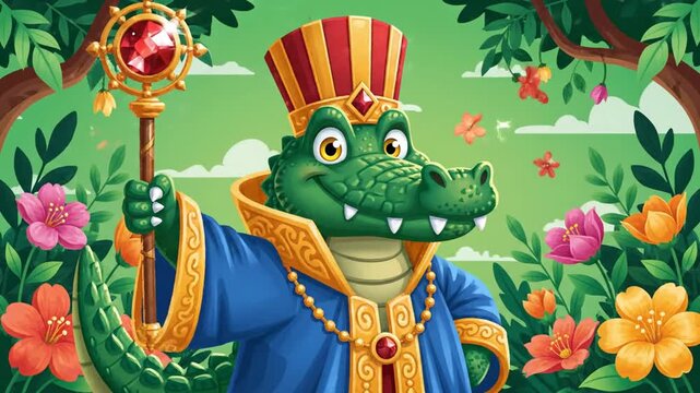 Cartoon crocodile king holds scepter, smiling in lush garden with flowers and trees