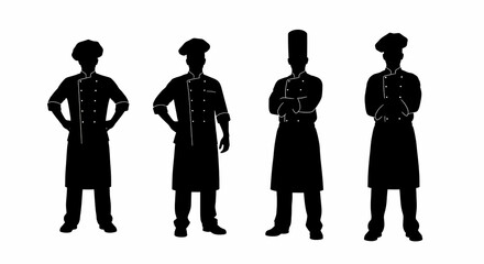 静かに並ぶ料理人のシルエット、白背景で黒い優雅さ