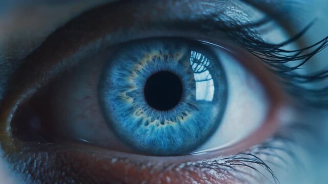 Close-up of blue eye with electric crack and binary code background in digital