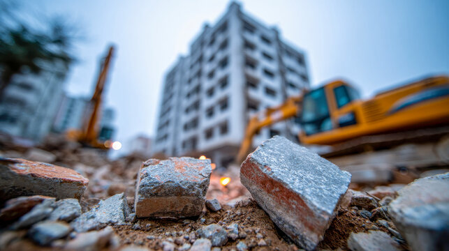 Rubble and broken bricks at demolition site with heavy machinery and damaged building background