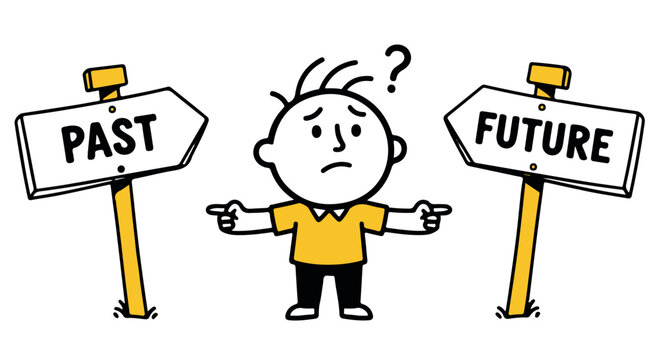 A cartoon man stands between past and future road signs, looking confused and indecisive on which direction to take.