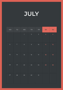 Daily planner. July 2026 minimal calendar template, week starts Monday.