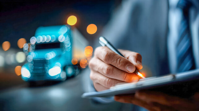 Businessman signing delivery documents on a clipboard with a truck in the background, logistics paperwork and verification concept