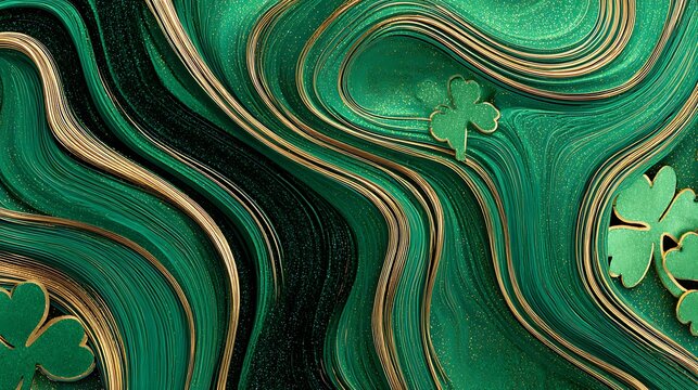 Abstract emerald and gold marble pattern with swirling lines and clover motifs
