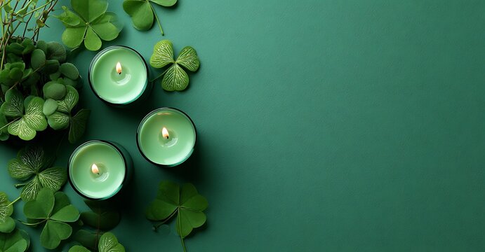 Green candles surrounded by clovers on a textured green background