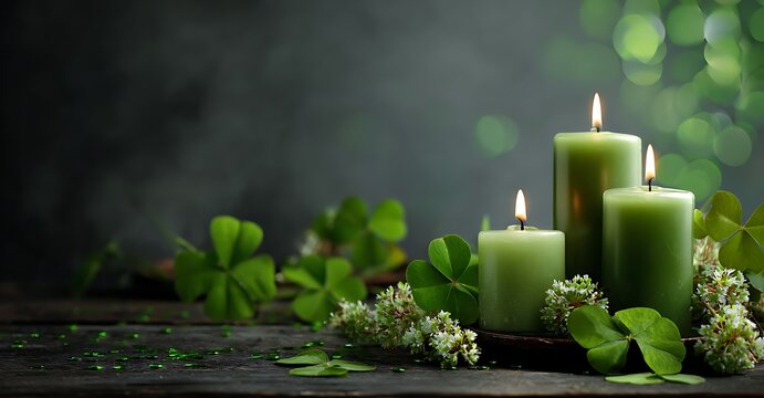 Green candles and clovers create a peaceful natural still life composition