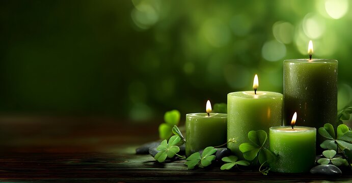 Glowing green candles with clovers and stones create a tranquil scene