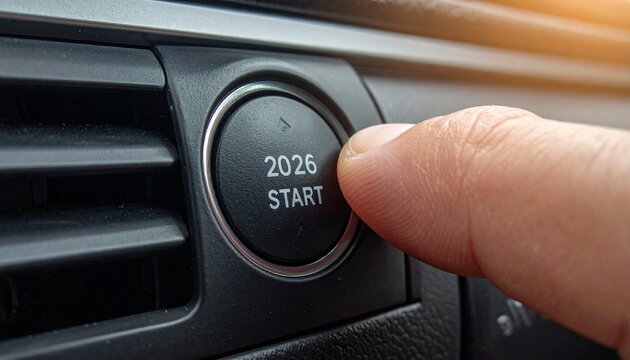 Close-up of a finger pressing an illuminated car start/stop button labeled &ldquo;2026 START,&rdquo; symbolizing the beginning of a new phase or journey.