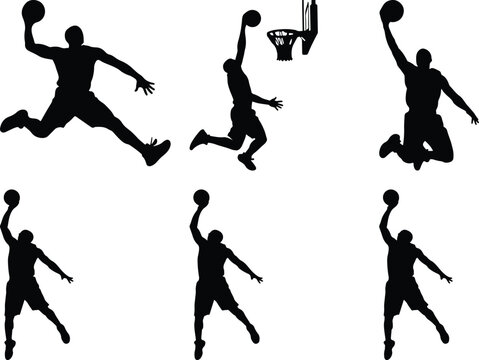 Basketball players executing slam dunks and jump shots near hoop.