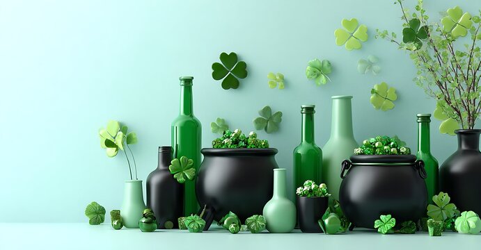 Luck and prosperity a still life with clovers bottles and pots