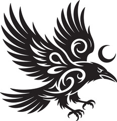 Obraz premium Black and white raven with stylized wings and moon bird