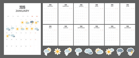 Daily weather journal. 2026 minimal calendar template with weather stickers design.