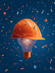 Celebrating creativity with an orange safety helmet on a giant light bulb
