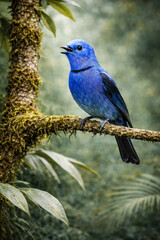 Obraz premium Blue dacnis perched on mossy branch in lush green forest