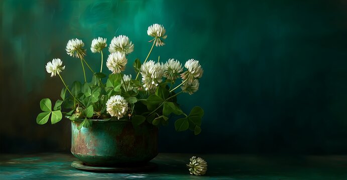 A cluster of white clover blossoms in a weathered rustic pot