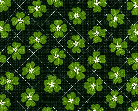 Seamless pattern of vibrant green four leaf clovers on a dark background