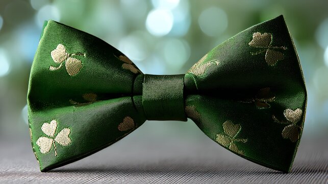 A close up of a dark green bow tie with gold floral embellishments