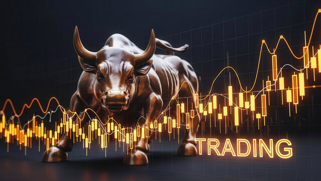 A powerful metallic bull stands amidst glowing orange financial charts and the word 'trading'
