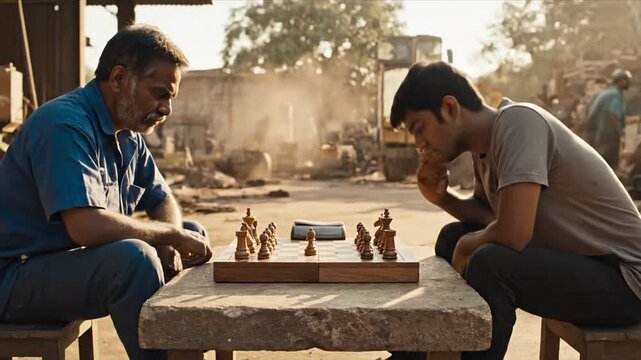 Playing Chess On Wooden Table