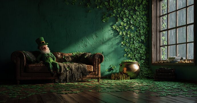 A whimsical leprechaun relaxes in a green toned room with gold coins