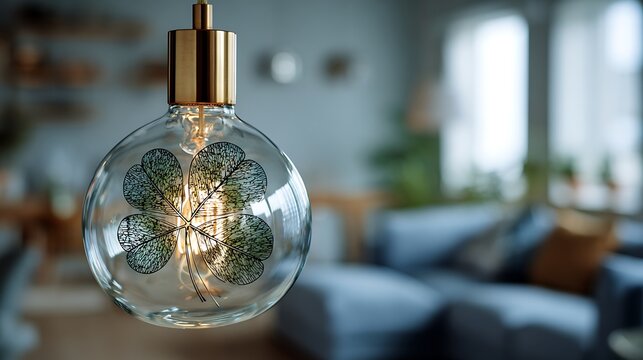 A glowing edison bulb with a decorative floral filament hangs indoors