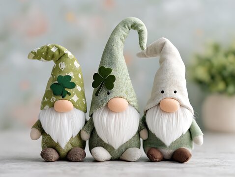 Three festive gnomes with long hats and white beards stand together