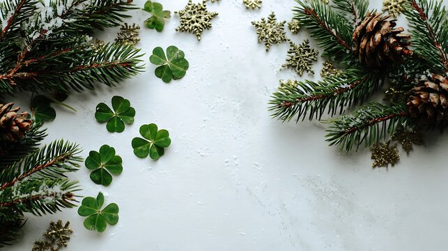 Festive winter arrangement with evergreen branches pinecones and four leaf clovers