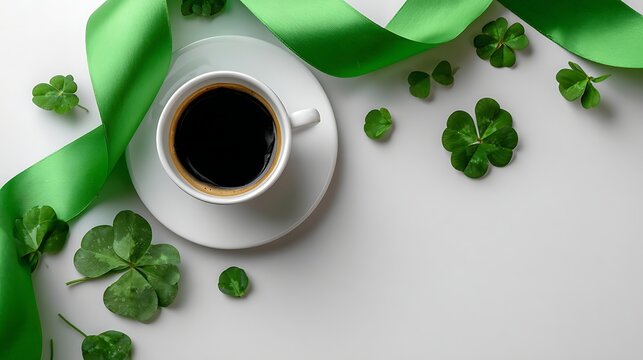 Coffee cup with four leaf clovers and green ribbon on a white surface