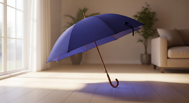 A vibrant blue umbrella stands open on a sunlit wooden floor in a modern, minimalist living room with large windows.