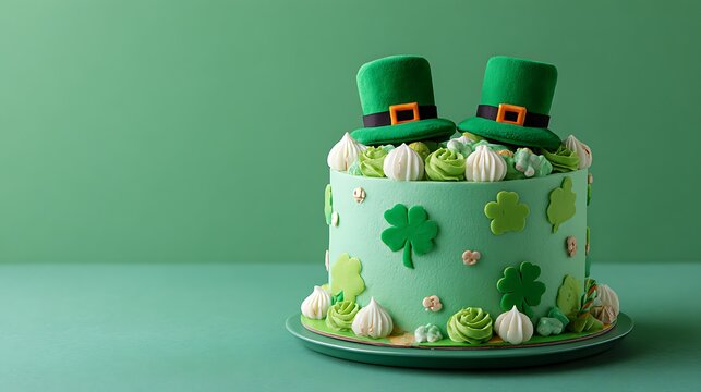 A festive st patrick s day cake with leprechaun hats and clover decorations